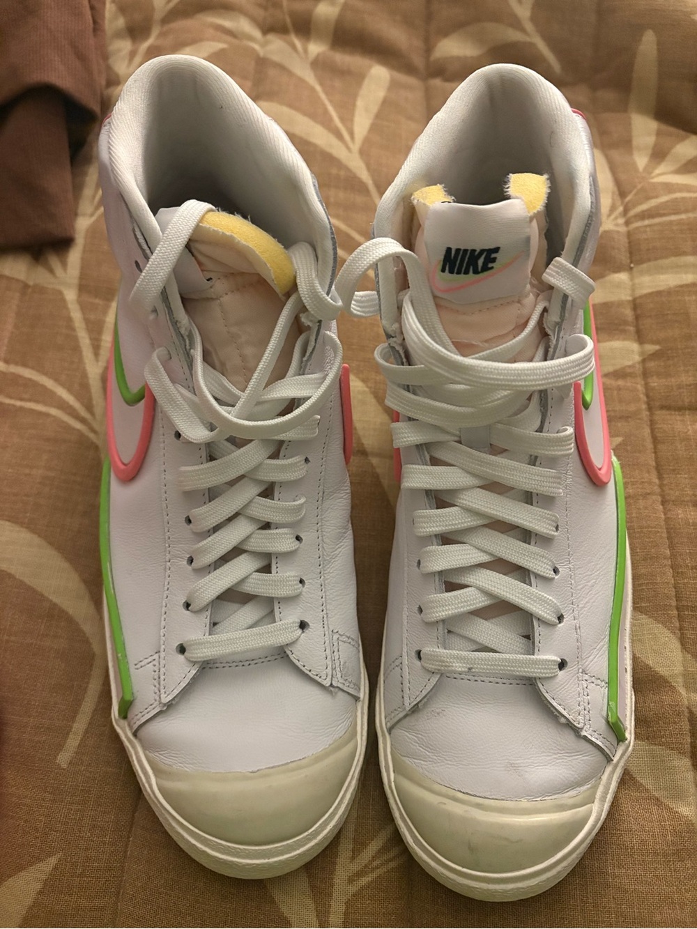 Nike Women’s White High-Top Sneakers with Pink & Lime Swoosh